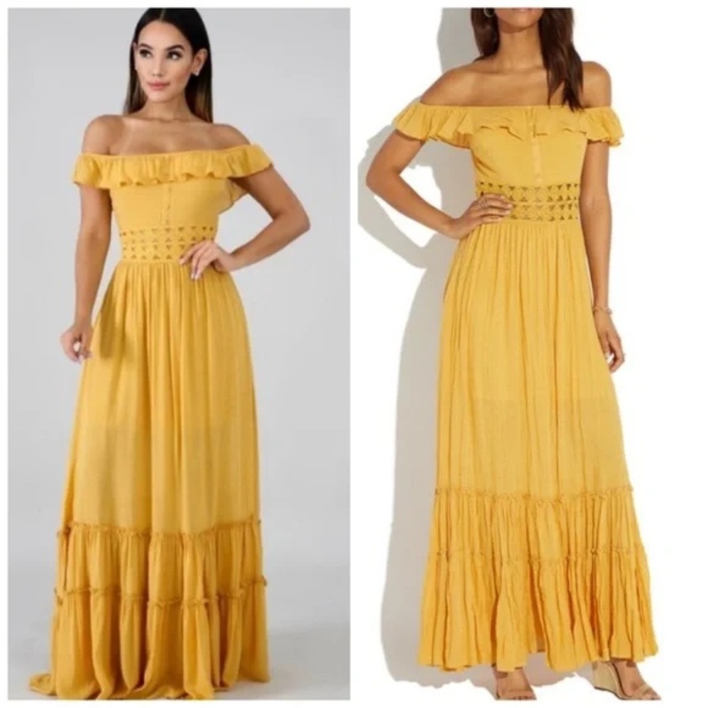 NWT Vici for Miss Avenue Elegant Mustard Yellow Off-Shoulder Maxi Dress